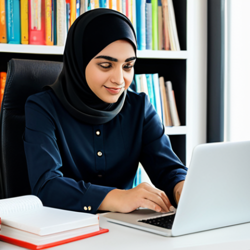 Home 17 A professional Arab woman, an early childhood educator and blogger, in modest business attire, fully clothed, sitting composedly at a clean, modern desk in a well-lit home office. She is looking thoughtfully at a laptop screen, with a notebook and a pen beside her. The background subtly features organized shelves with a few educational books and a vibrant, age-appropriate children's drawing. The overall scene is professional, inviting, and representative of intellectual work. safe for work, appropriate content, family-friendly, perfect anatomy, correct proportions, natural pose, well-formed hands, proper finger count, natural body proportions, professional photography, high quality.