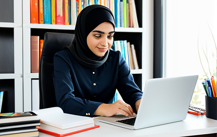 A professional Arab woman, an early childhood educator and blogger, in modest business attire, fully clothed, sitting composedly at a clean, modern desk in a well-lit home office. She is looking thoughtfully at a laptop screen, with a notebook and a pen beside her. The background subtly features organized shelves with a few educational books and a vibrant, age-appropriate children's drawing. The overall scene is professional, inviting, and representative of intellectual work. safe for work, appropriate content, family-friendly, perfect anatomy, correct proportions, natural pose, well-formed hands, proper finger count, natural body proportions, professional photography, high quality.