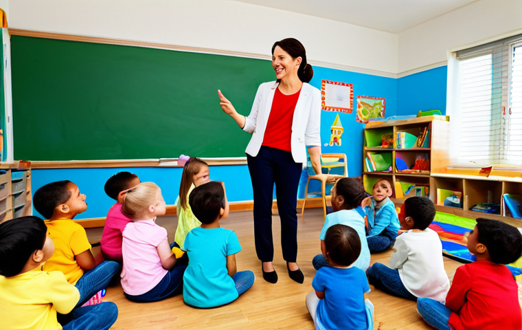 유아교육지도사 자격증 시험의 최신 동향 분석 - **Prompt:** A professional female teacher in a bright and welcoming kindergarten classroom, interact...