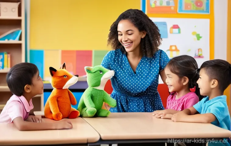 유아교육지도사 강의 중 활용할 수 있는 프레젠테이션 팁 - **Image Prompt 1: Engaging Storytelling with Puppets**
    "A vibrant and cheerful kindergarten clas...
