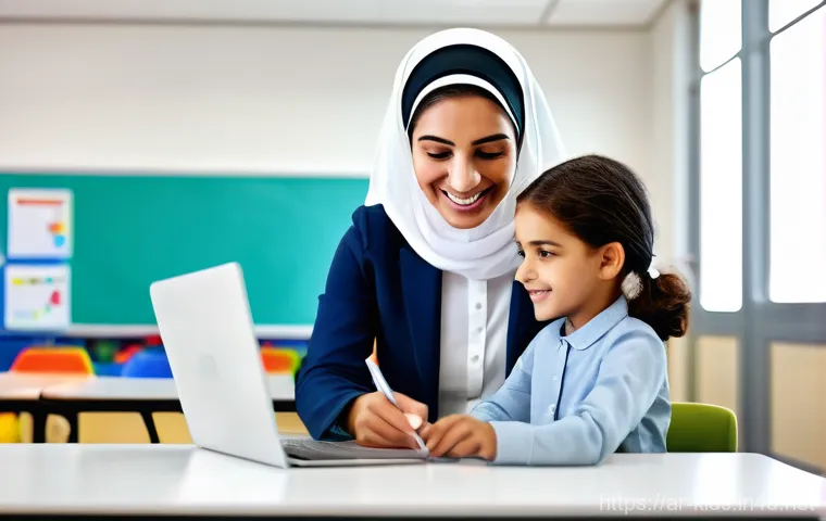 유아교육지도사로서의 데이터 관리 팁 - **Prompt:** A heartwarming scene inside a brightly lit, modern preschool classroom in an Arab countr...