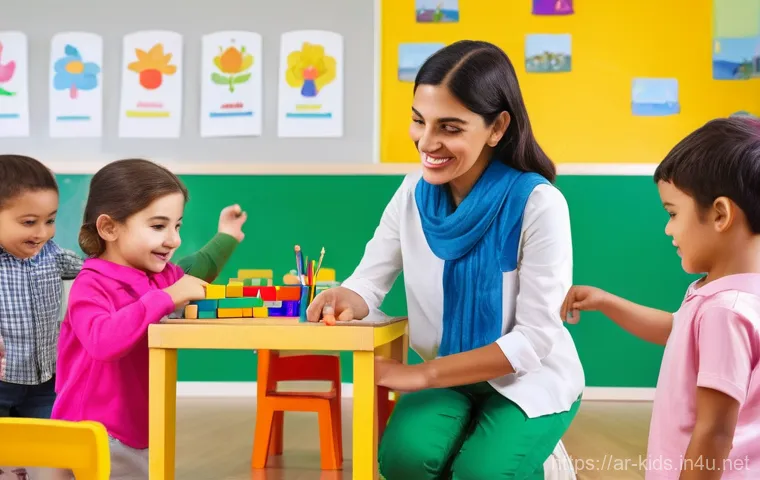 유아교육지도사 연봉협상 팁 - **Prompt:** "A brightly lit and engaging kindergarten classroom, designed with modern educational ae...