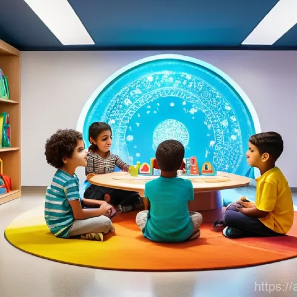 유아교육지도사 교육 자료 제작 팁 - A group of diverse Arab children, aged 6-9, dressed in modern, modest, and brightly colored everyday...