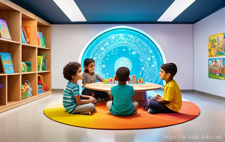 유아교육지도사 교육 자료 제작 팁 - A group of diverse Arab children, aged 6-9, dressed in modern, modest, and brightly colored everyday...