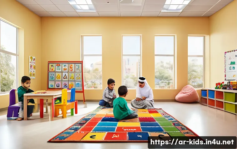 유아교육지도사 경력 초반 주의사항 - A warm and welcoming early childhood classroom in an Arabic cultural setting, featuring colorful edu...