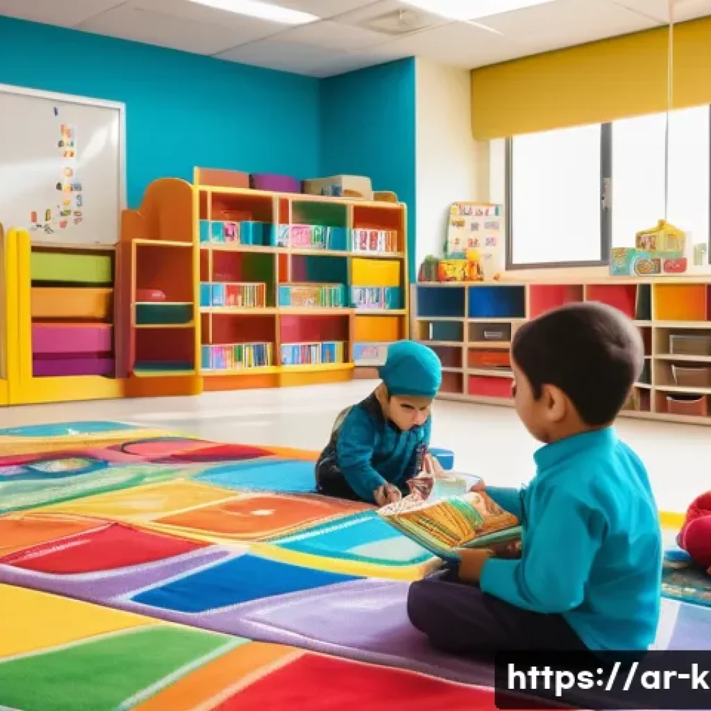 유아교육지도사 강의 계획 작성법 사례 분석 - A vibrant early childhood classroom scene in an Arabic cultural setting, showing a diverse group of ...