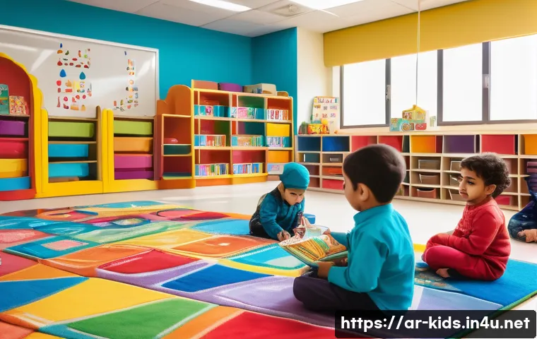 유아교육지도사 강의 계획 작성법 사례 분석 - A vibrant early childhood classroom scene in an Arabic cultural setting, showing a diverse group of ...