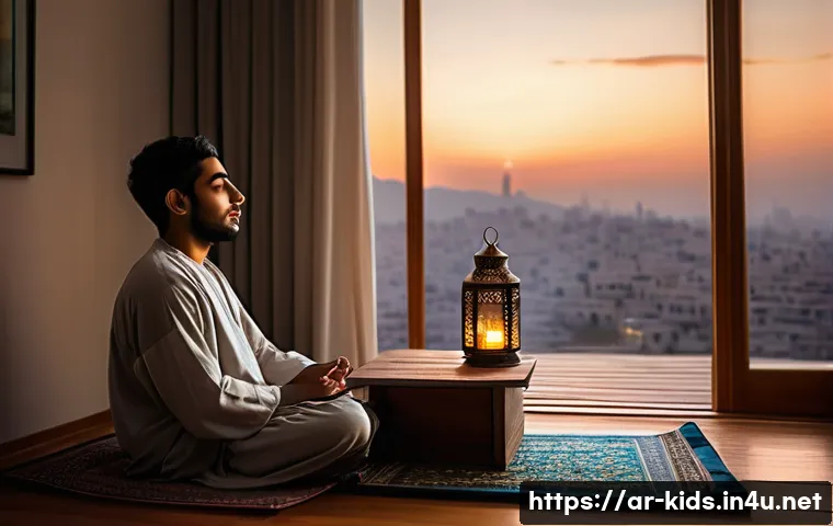 유아교육지도사 실기시험 전날 체크리스트 - A serene Middle Eastern bedroom scene in the evening with a young Arab student practicing deep breat...