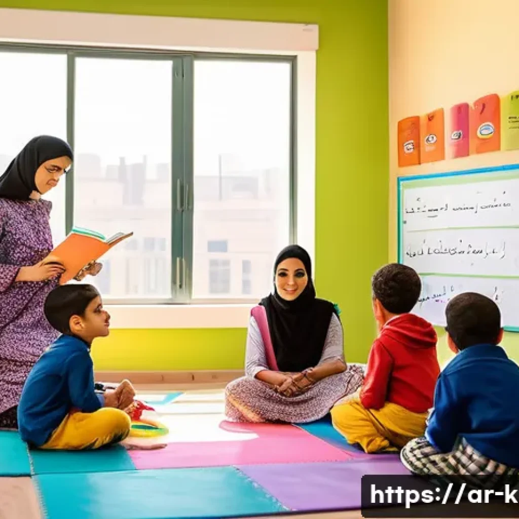 유아교육지도사 실무 교육 과정 사례 - A warm and inviting kindergarten classroom in a modern Arabic school setting, featuring a diverse gr...