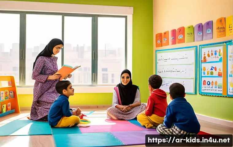 유아교육지도사 실무 교육 과정 사례 - A warm and inviting kindergarten classroom in a modern Arabic school setting, featuring a diverse gr...
