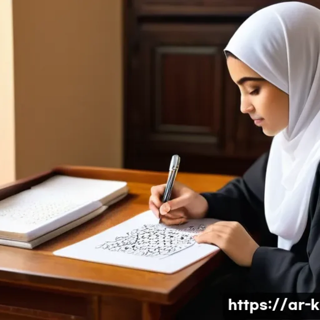 유아교육지도사 실기시험 대비 시간 관리법 - A focused Middle Eastern young adult female student sitting at a traditional wooden desk in a cozy s...