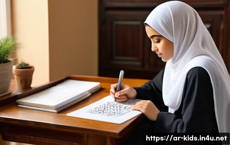 유아교육지도사 실기시험 대비 시간 관리법 - A focused Middle Eastern young adult female student sitting at a traditional wooden desk in a cozy s...