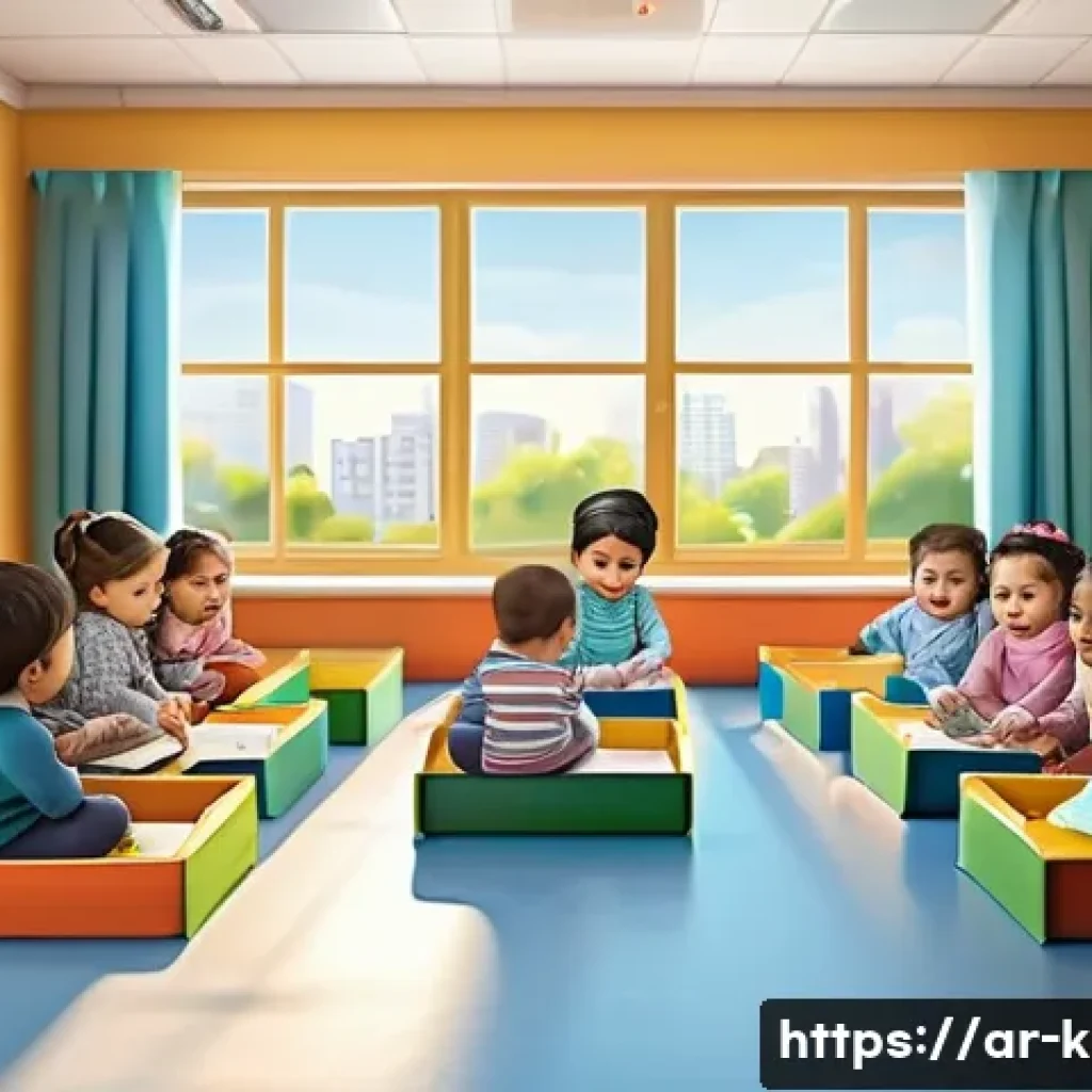 유아교육지도사로서 업무 일지 작성법 - A warm and inviting early childhood classroom scene set in an Arabic cultural context, showing a div...