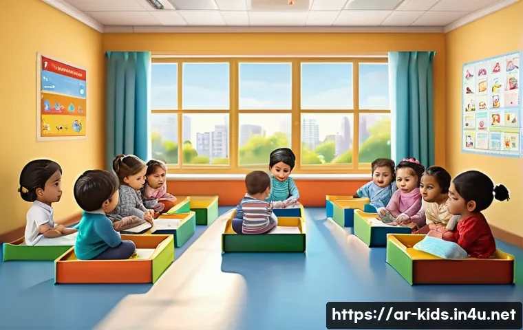 유아교육지도사로서 업무 일지 작성법 - A warm and inviting early childhood classroom scene set in an Arabic cultural context, showing a div...