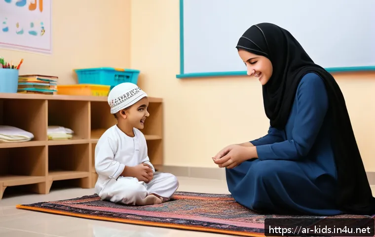 유아교육지도사로서 경력 개발을 위한 활동 사례 - A warm, inviting classroom scene in an Arab cultural setting, showing a compassionate school counsel...