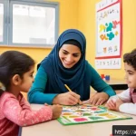 유아교육지도사로서의 커리어 패스 - A warm, inviting classroom scene set in a Middle Eastern cultural context, featuring an Arabic-speak...
