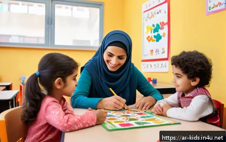 유아교육지도사로서의 커리어 패스 - A warm, inviting classroom scene set in a Middle Eastern cultural context, featuring an Arabic-speak...