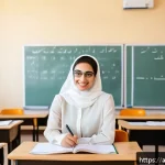 유아교육지도사로서의 시간 관리 노하우 - A bright, organized Arabic classroom scene featuring a female teacher in modest professional attire ...