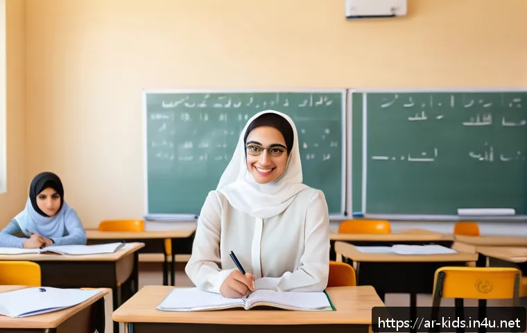유아교육지도사로서의 시간 관리 노하우 - A bright, organized Arabic classroom scene featuring a female teacher in modest professional attire ...