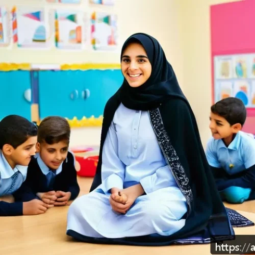유아교육지도사 실무 사례 연구를 통한 직무 개선 - A warm and inviting classroom scene in a modern Arab school setting, featuring a diverse group of yo...
