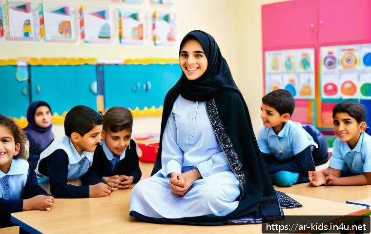 유아교육지도사 실무 사례 연구를 통한 직무 개선 - A warm and inviting classroom scene in a modern Arab school setting, featuring a diverse group of yo...
