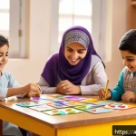 유아교육지도사 강의 중 활용할 수 있는 퀴즈 - A bright and cheerful classroom scene in a Middle Eastern setting, featuring young Arab children age...