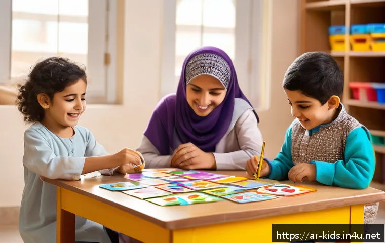 유아교육지도사 강의 중 활용할 수 있는 퀴즈 - A bright and cheerful classroom scene in a Middle Eastern setting, featuring young Arab children age...
