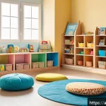 유아교육지도사 강의 계획 작성 방법과 사례 - A bright, inviting Arabic kindergarten classroom designed for young children wearing colorful modest...