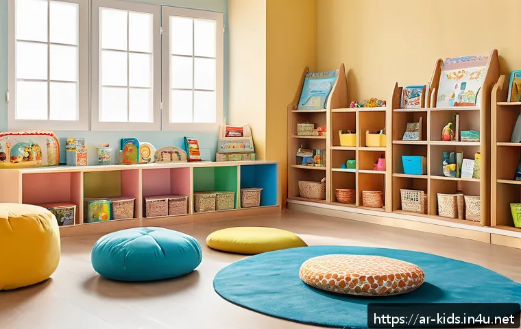 유아교육지도사 강의 계획 작성 방법과 사례 - A bright, inviting Arabic kindergarten classroom designed for young children wearing colorful modest...