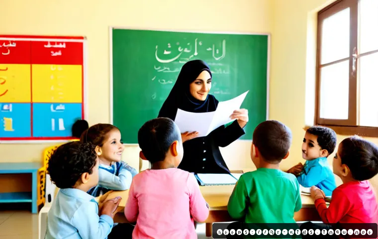 유아교육지도사로서 학부모 상담 성공 사례 - Photorealistic early childhood educator warmly consulting with Arab parents in a bright, tidy presch...